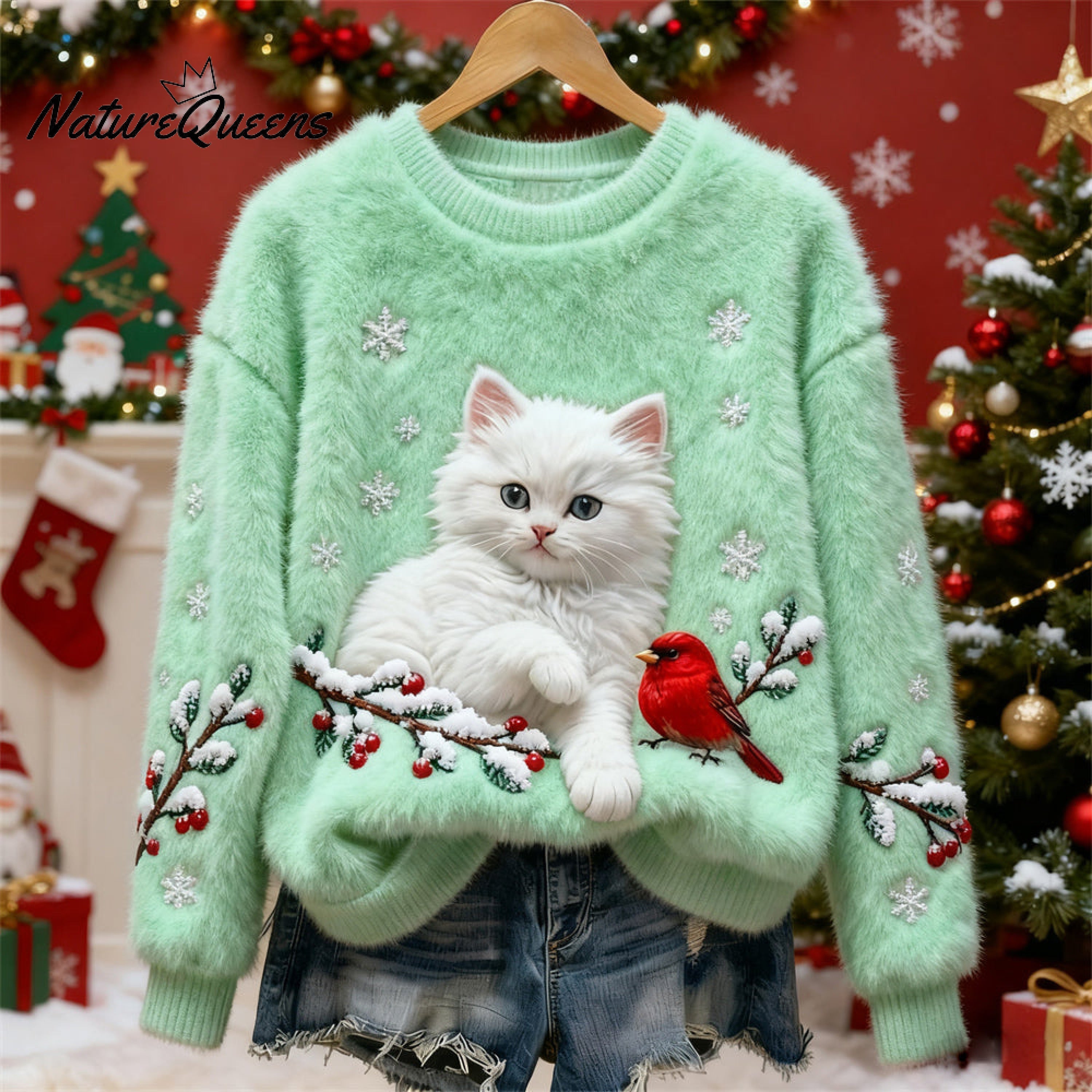 Christmas Cat & Bird Art Women's Flannel Sweater