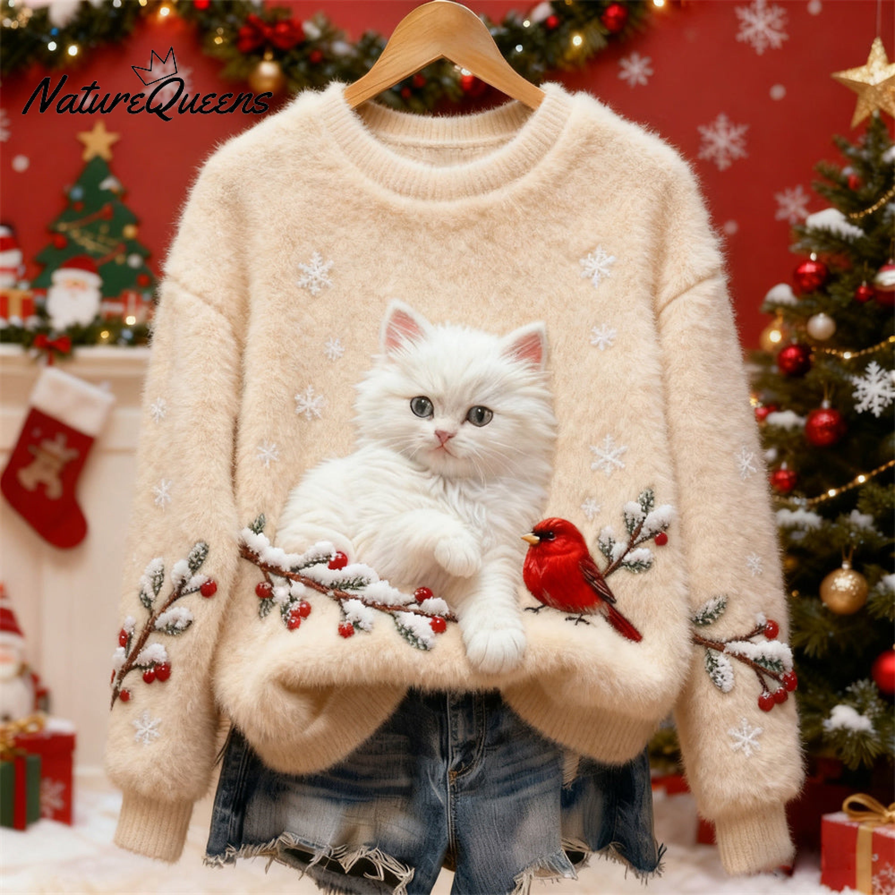 Christmas Cat & Bird Art Women's Flannel Sweater