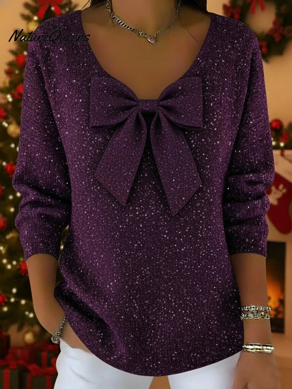 Christmas Sparkly V-neck Bow Sweater