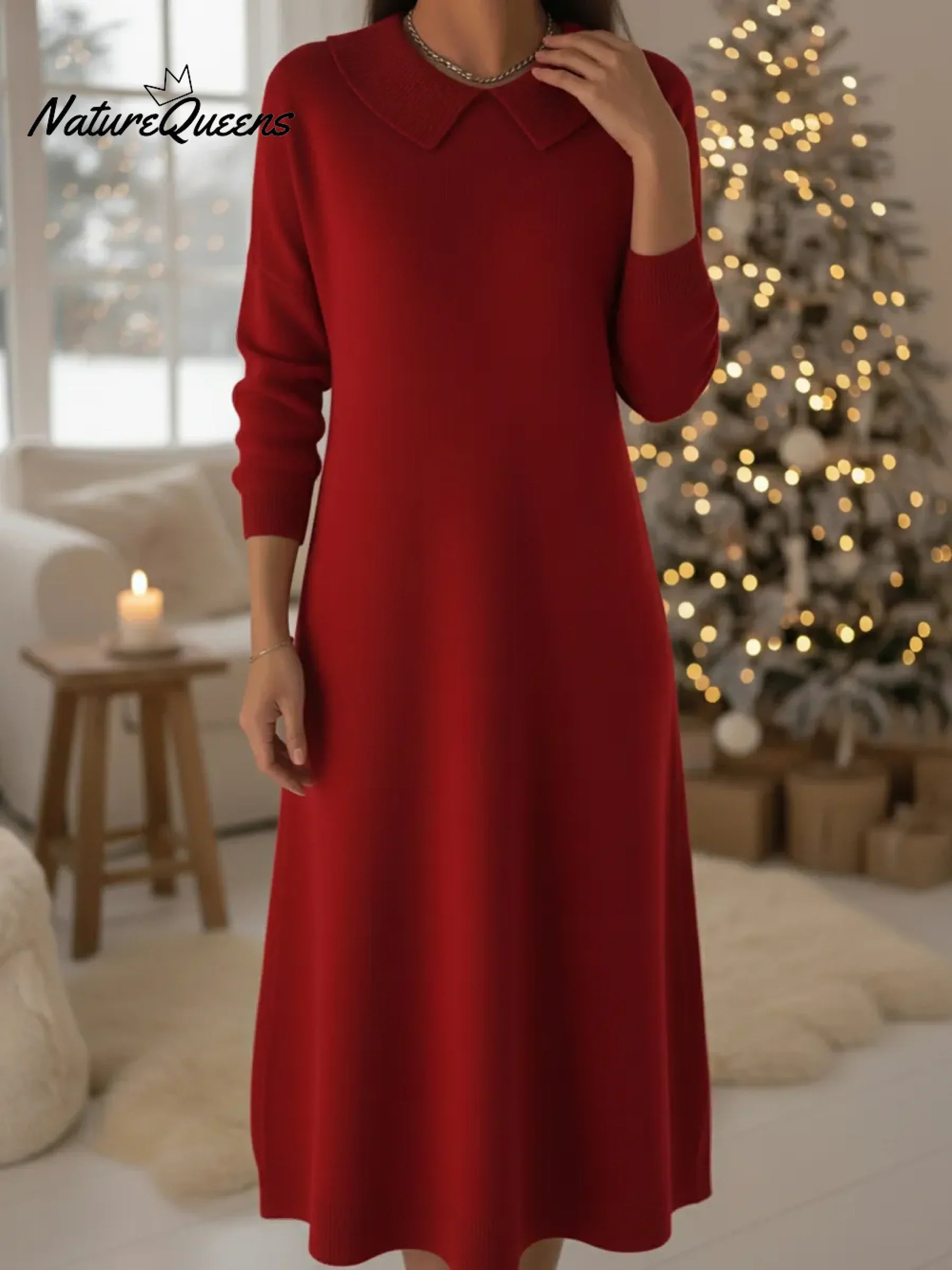 Retro Peter Pan Collar Knit Midi Dress