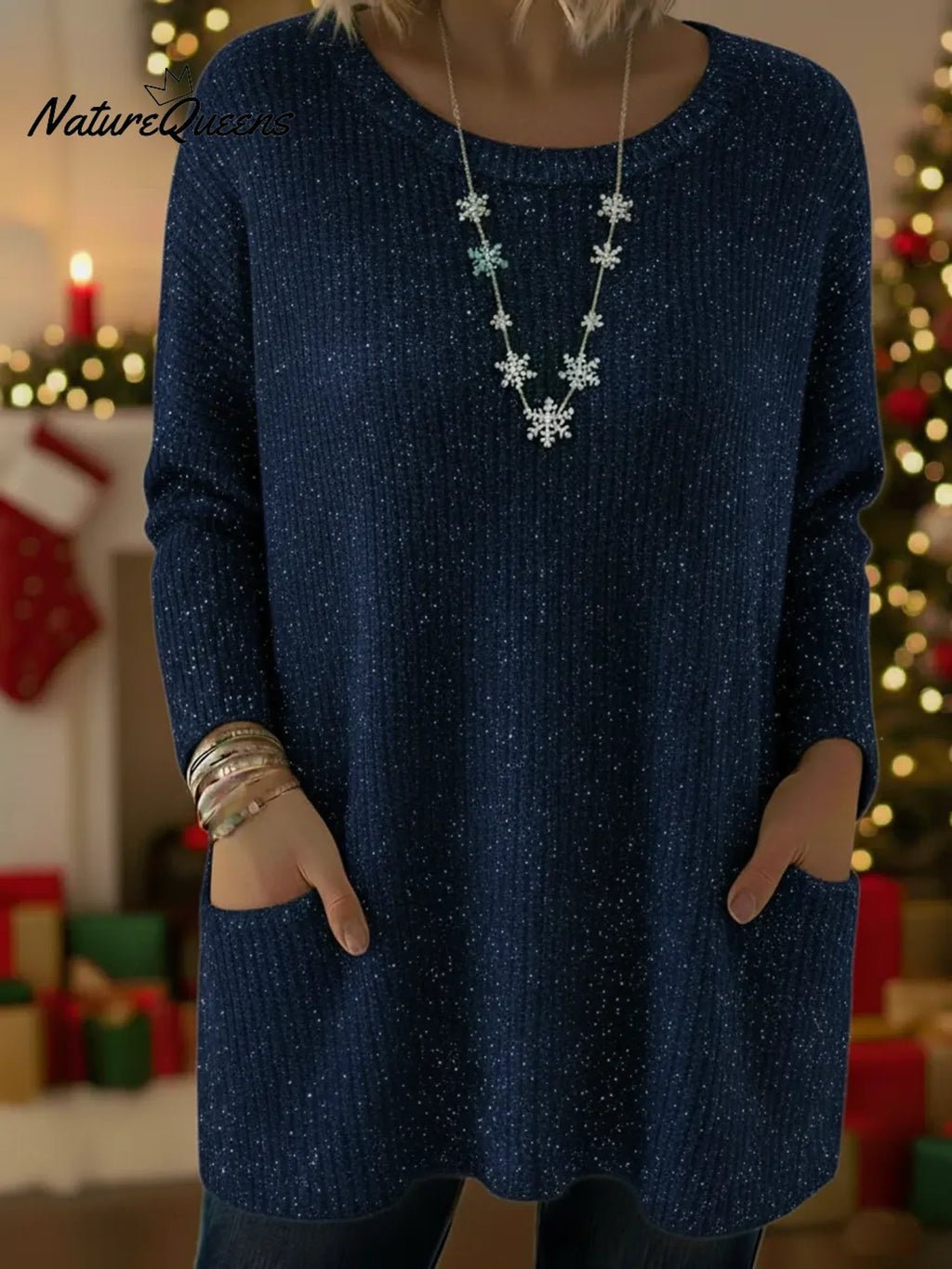 Christmas Sparkling Loose Pocket Pullover Sweater